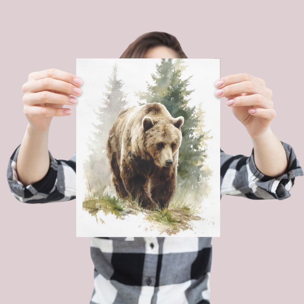 Watercolor Brown Bear Forest Wall Art Print, Unframed Misty Grizzly Illustration - Picture 4 of 5